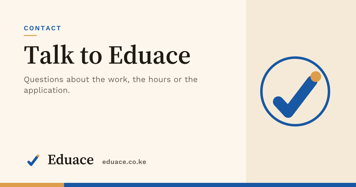 An Eduace card reading "Talk to Eduace: questions about the work, the hours or the application", with the Eduace seal beside it.